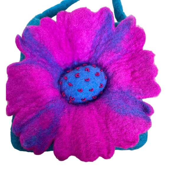 Handmade Wool Shoulder Bag with Teal and Purple Flower Made in Nepal - Picture 3 of 11